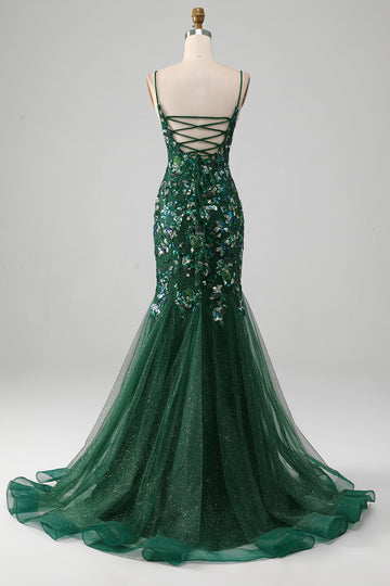 Sparkly Dark Green Mermaid Lace-Up Back Ball Dress with Appliques